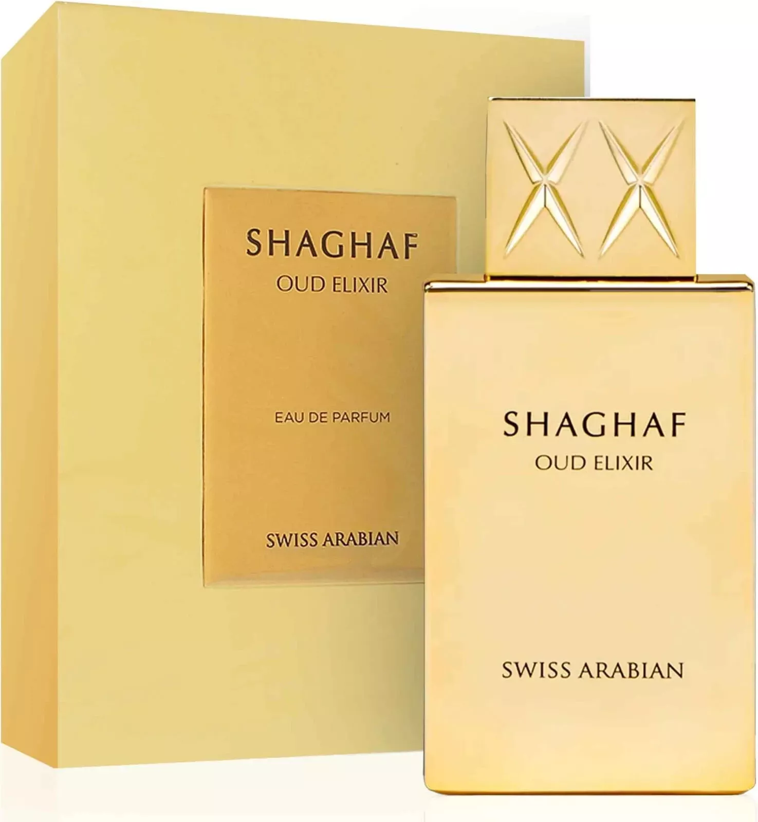Frasco dourado de perfume Shaghaf Oud Elixir com caixa dourada