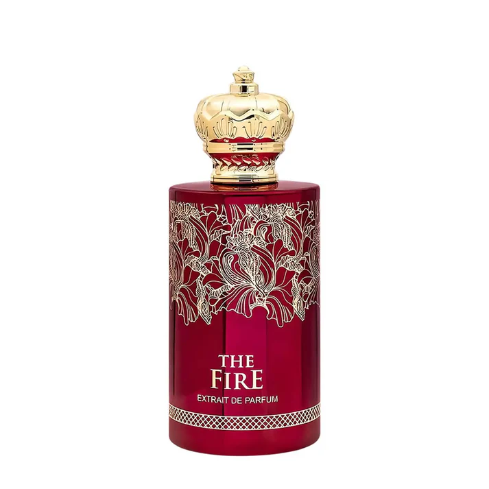 Frasco de perfume vermelho com tampa dourada em forma de coroa e decoração floral