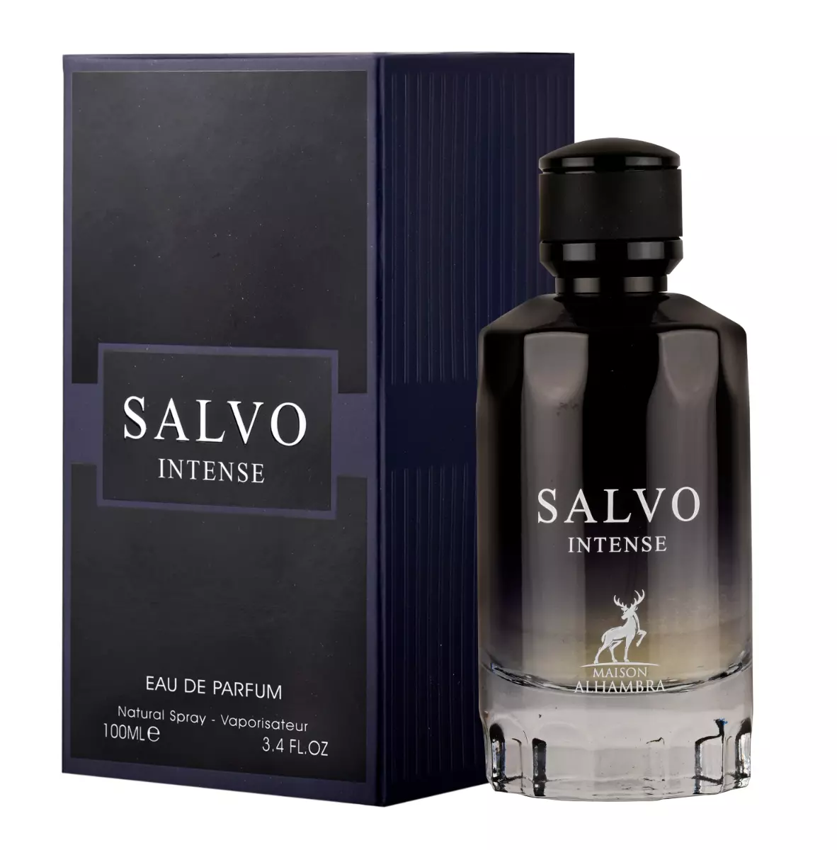 Frasco de perfume Salvo Intense com caixa preta ao lado