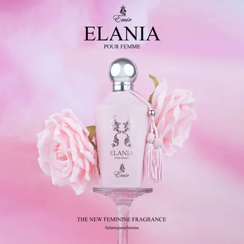 Frasco rosa claro de perfume ELANIA POUR FEMME com flores rosas e texto promocional