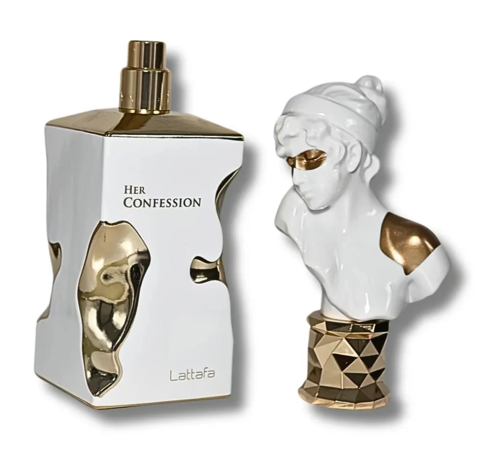 Frasco de perfume HER CONFESSION da Lattafa com tampa em forma de busto humano