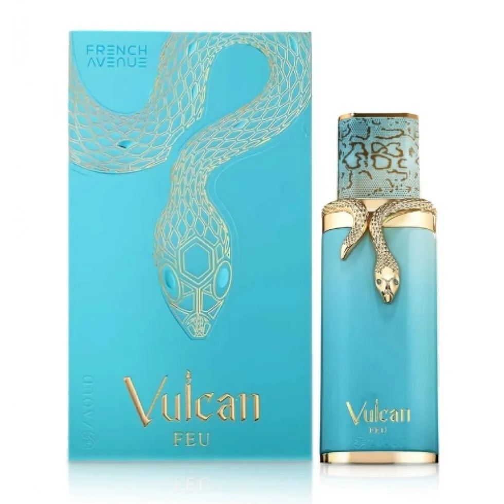 Frasco de perfume azul com tampa decorada e caixa azul com ilustração de cobra dourada