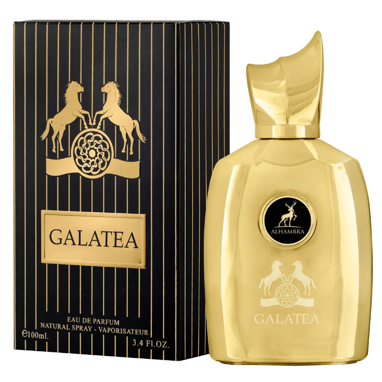 Frasco dourado de perfume Galatea com embalagem preta e dourada ao lado