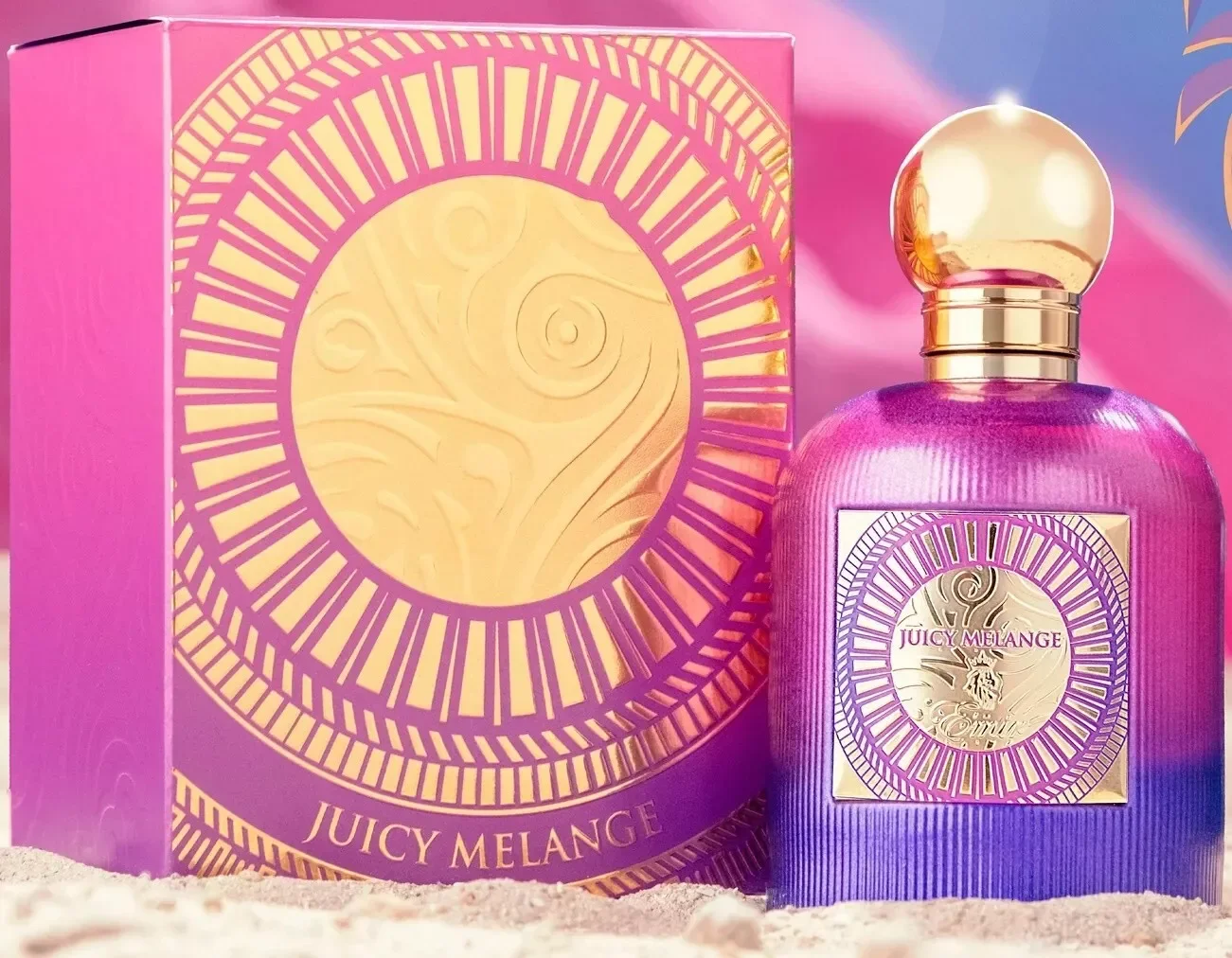 Frasco de perfume roxo e rosa com caixa rosa e dourada