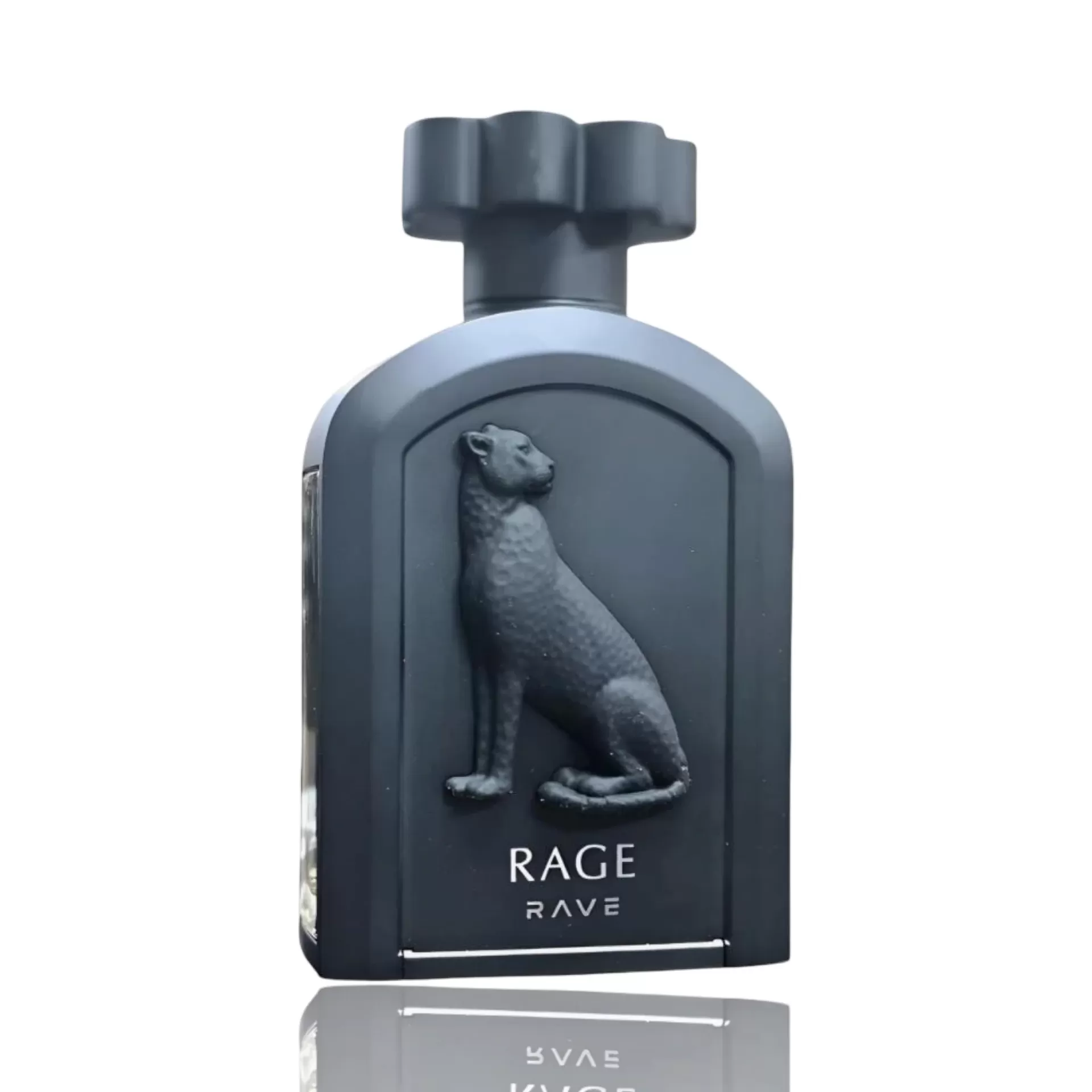Garrafa preta fosca com relevo de leopardo e texto RAGE RAVE