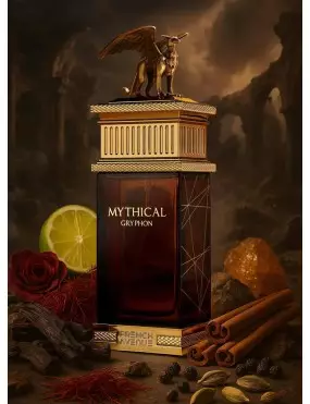 Frasco de perfume com tampa dourada e figura de grifo, rodeado por limão, canela, rosas e especiarias.