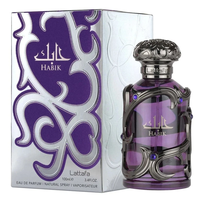 Frasco de perfume roxo Habik com caixa prateada e roxa decorativa