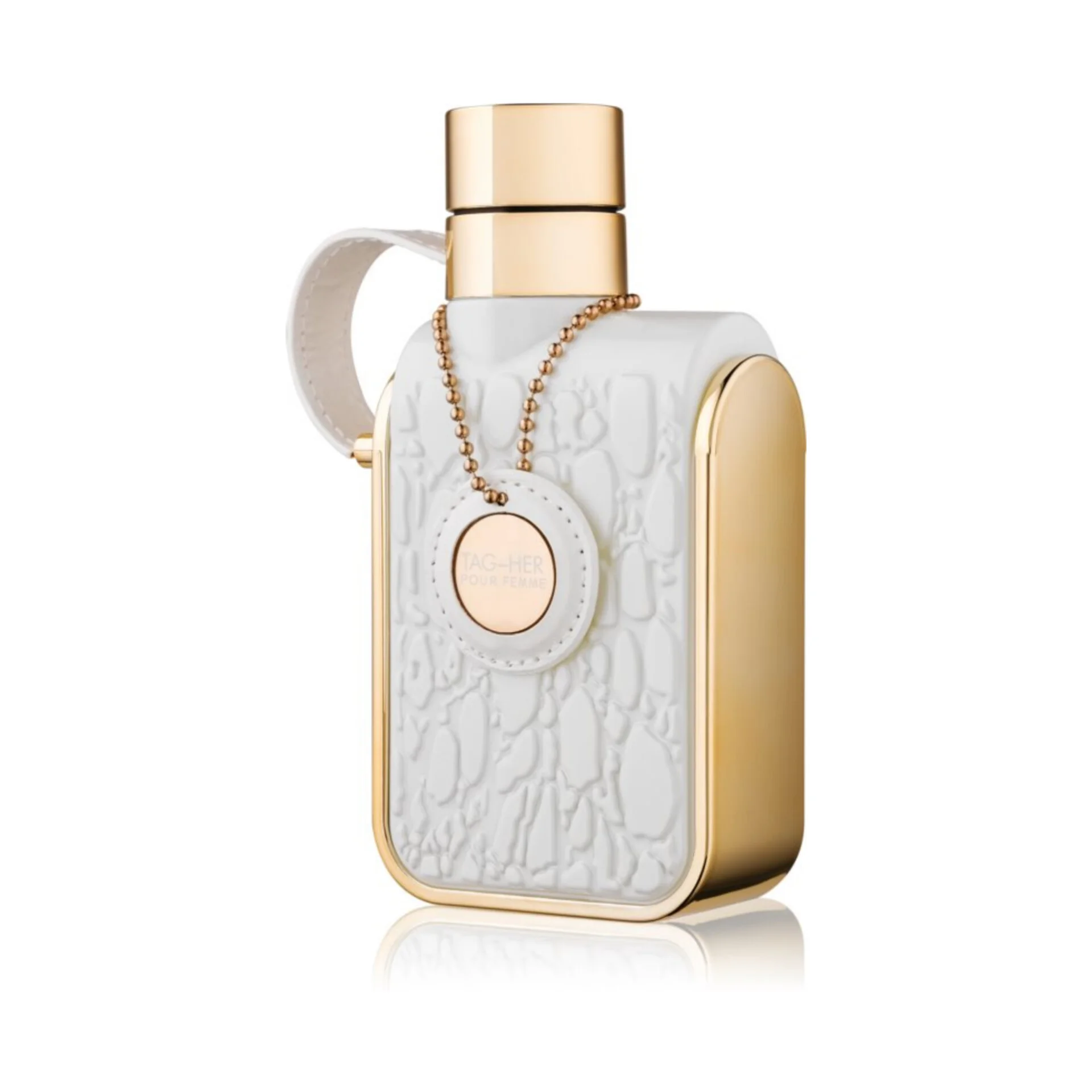 Frasco de perfume branco texturizado com detalhes dourados e pendente redondo