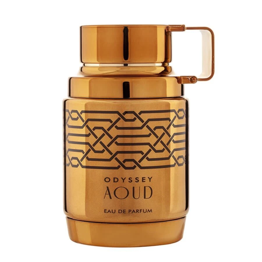 Frasco dourado de perfume Odyssey Aoud com padrão geométrico