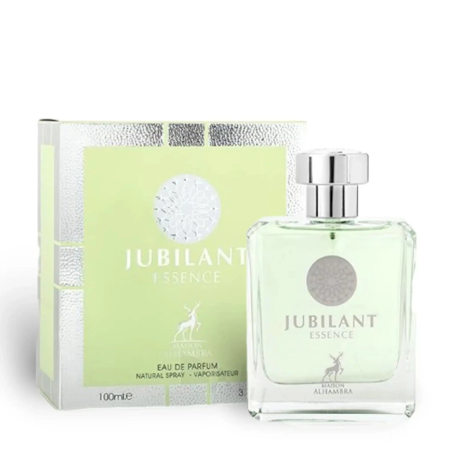 Frasco de perfume Jubilant Essence 100ml com caixa verde-claro e prata