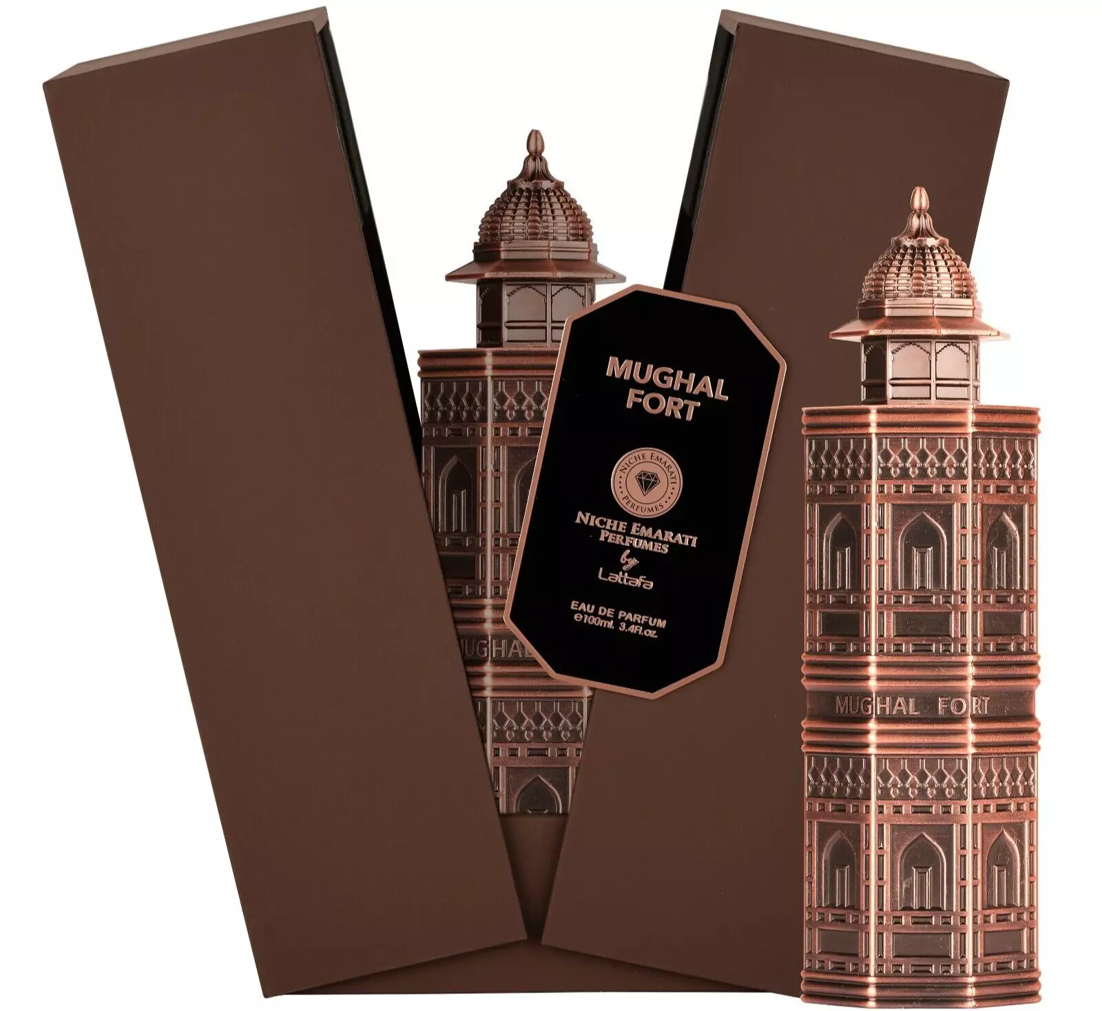 Frasco de perfume bronze com design arquitetónico e embalagem castanha