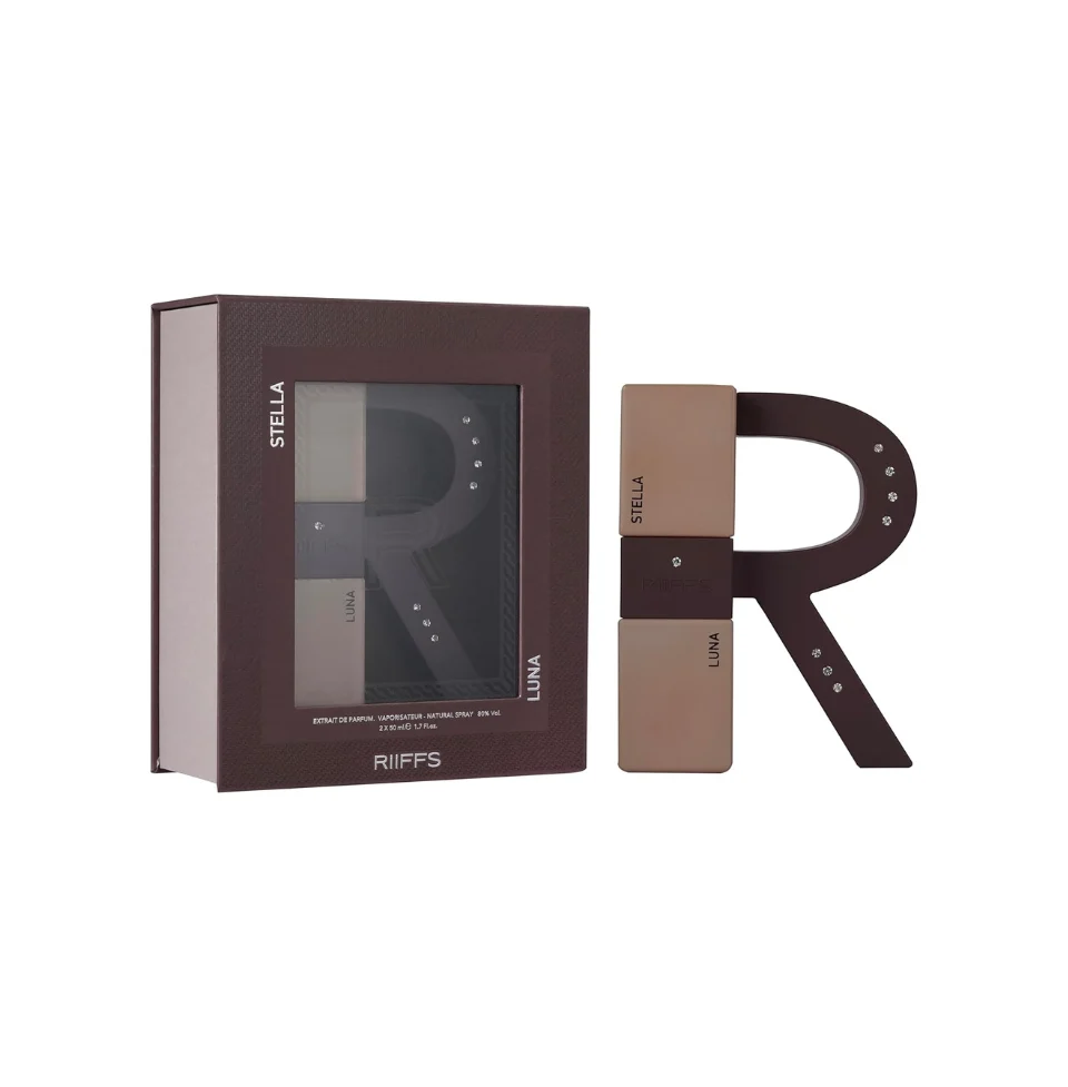 Conjunto de perfume STELLA LUNA RIIFFS com embalagem castanha e frasco retangular bicolor