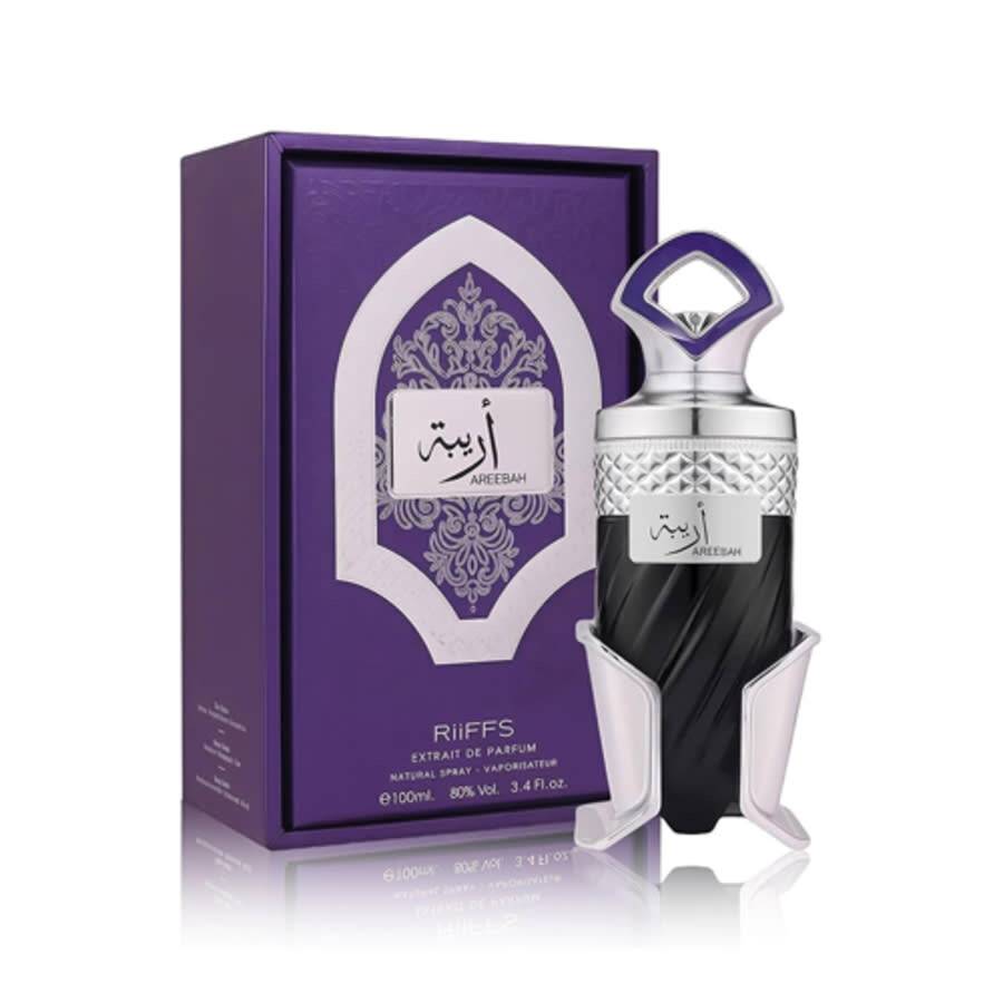 Frasco de perfume extrato de parfum AREELBAH RiiFFS preto e prata com caixa roxa decorada