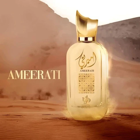 Frasco de perfume dourado AMEERATI no deserto