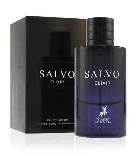 Frasco de perfume Salvo Elixir em vidro azul escuro com tampa preta e caixa preta ao fundo