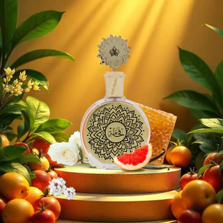 Garrafa decorativa em ambiente com frutas cítricas, flores e favo de mel