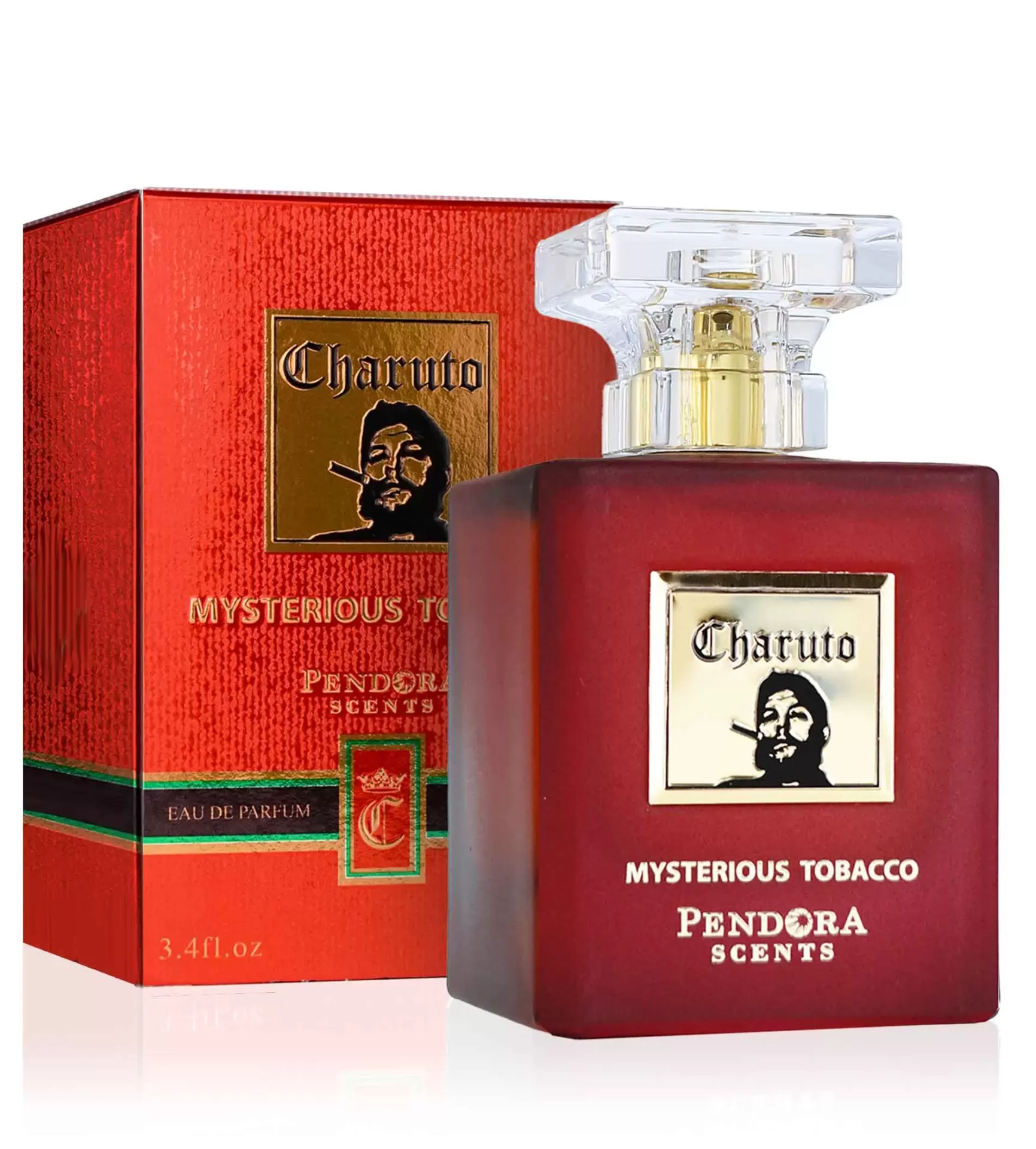 Frasco de perfume vermelho fosco com tampa transparente e caixa vermelha com texto Charuto Mysterious Tobacco