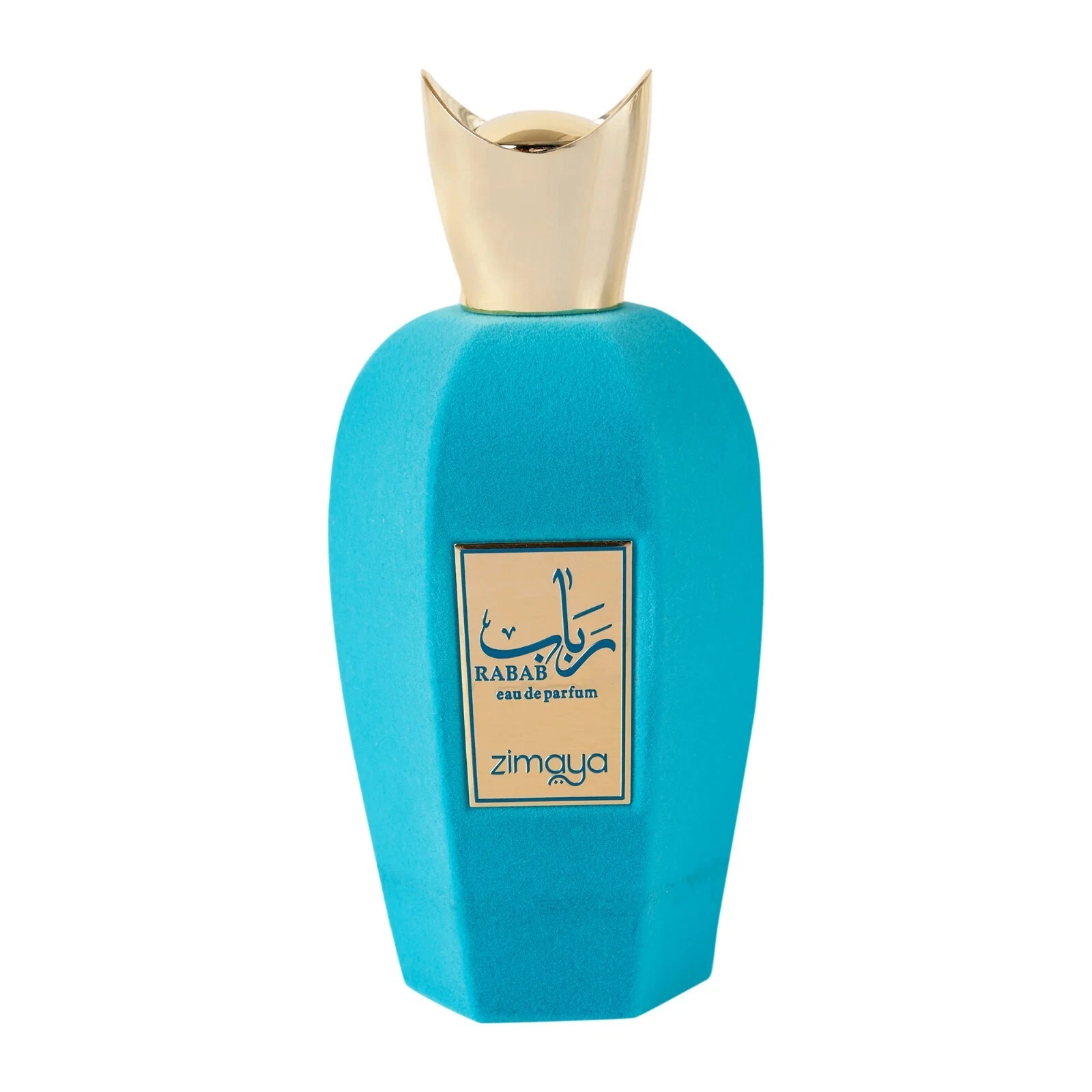 Frasco azul de perfume Rabab com tampa dourada e rótulo dourado