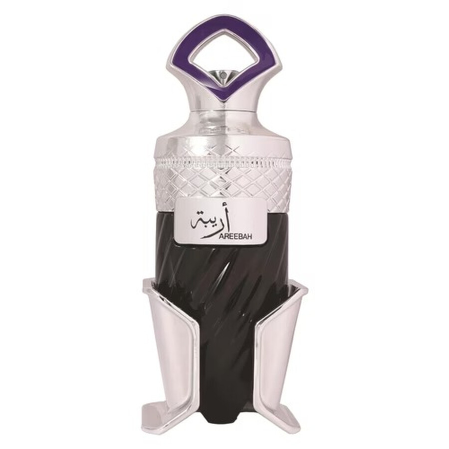 Frasco de perfume AREEBAH prateado, roxo e preto com suporte metálico