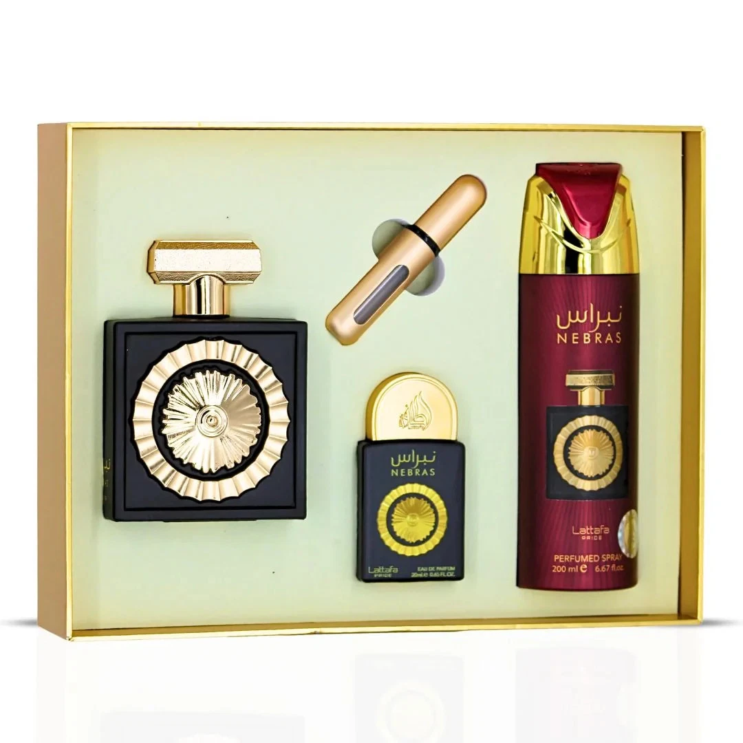 Conjunto de perfume Nebras com frasco preto, miniatura, frasco dourado pequeno e spray vermelho em caixa creme