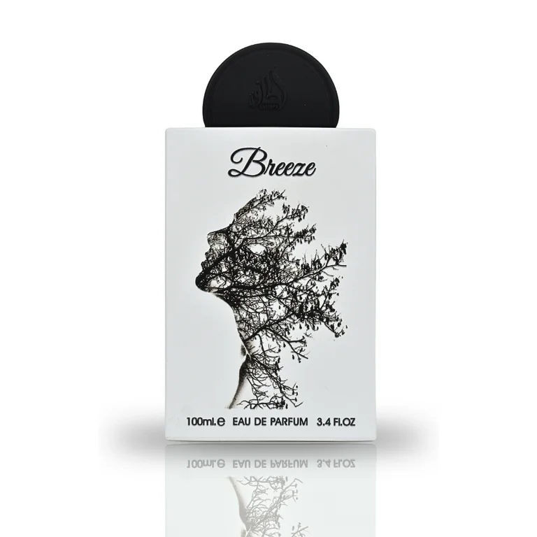 Frasco branco de perfume Breeze com tampa preta e design artístico preto
