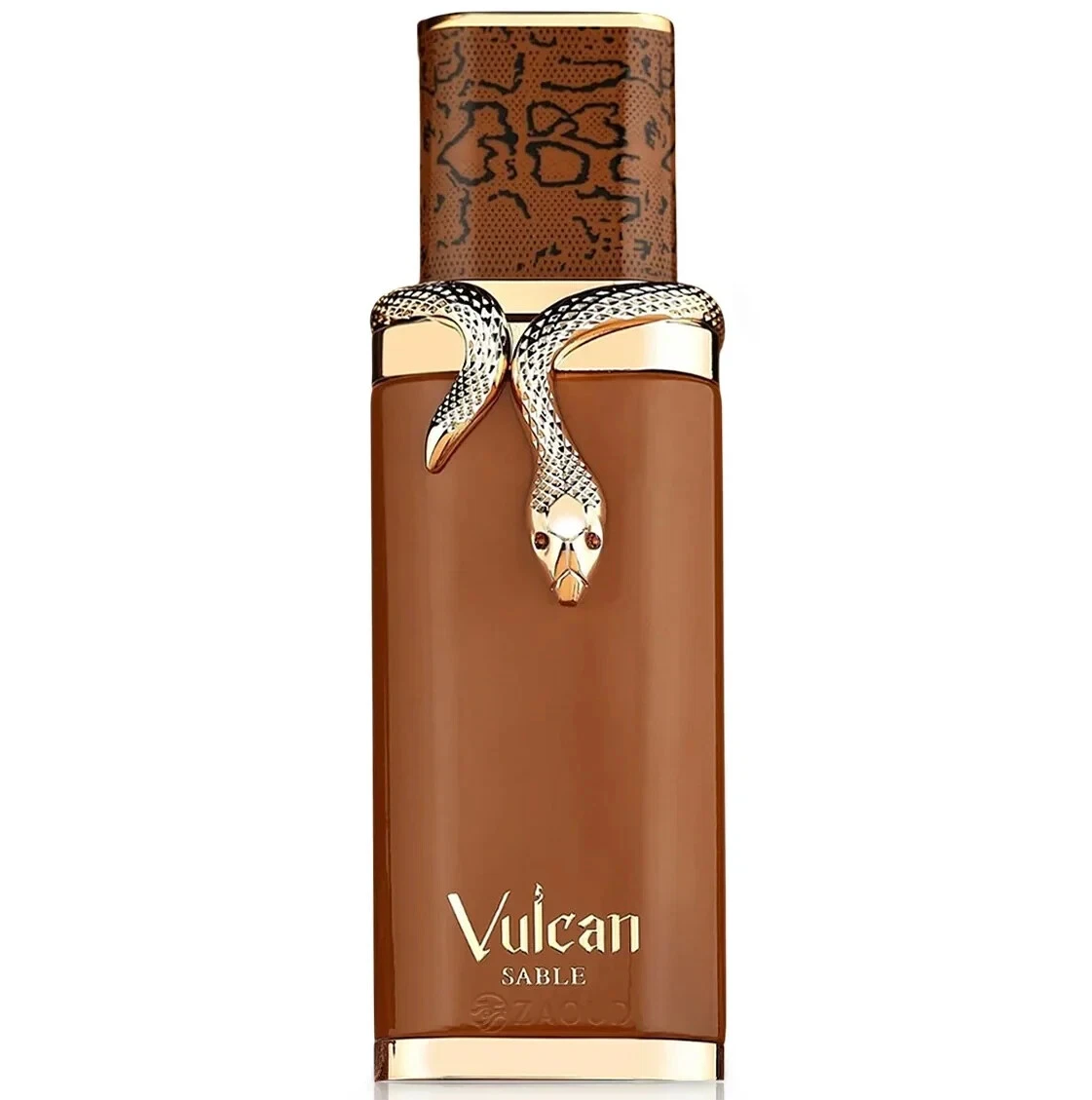 Frasco de perfume Vulcan SABLE castanho com detalhe de cobra dourada