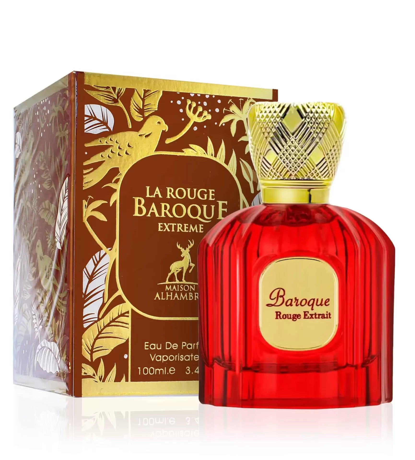 Frasco vermelho de perfume La Rouge Baroque Extreme com tampa dourada e caixa decorada