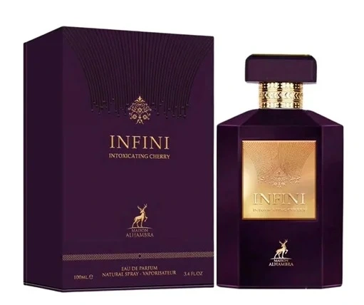 Frasco e caixa de perfume INFINI INTOXICATING HENRY roxo com rótulo dourado da ALHAMBRA