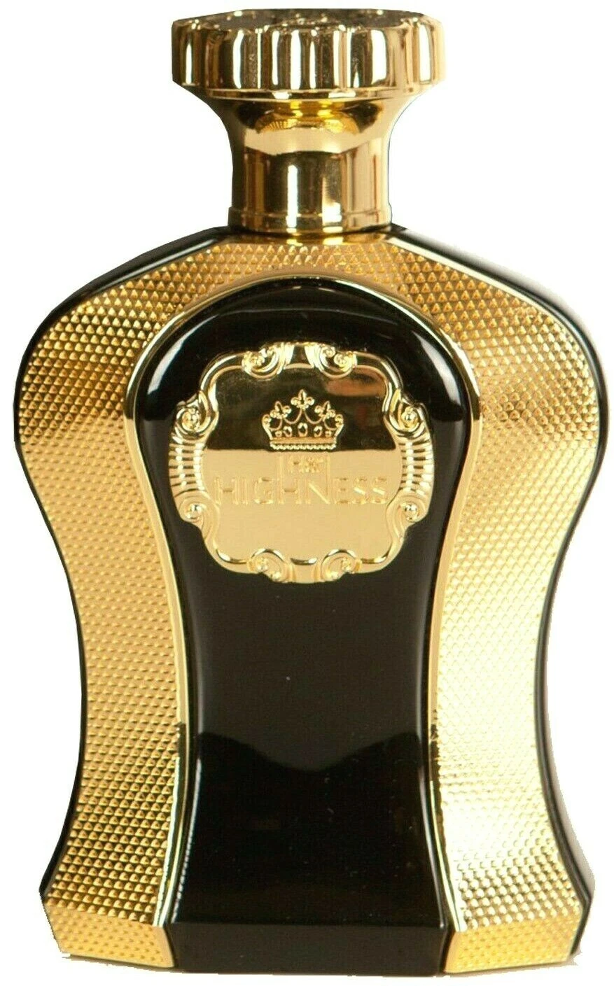 Frasco de perfume preto e dourado com tampa dourada e chapa frontal com coroa e texto HENNESSY