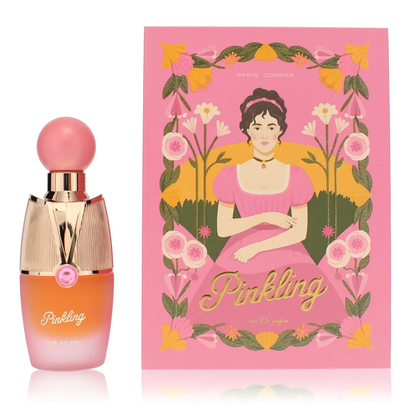 Frasco de perfume rosa com caixa ilustrada rosa