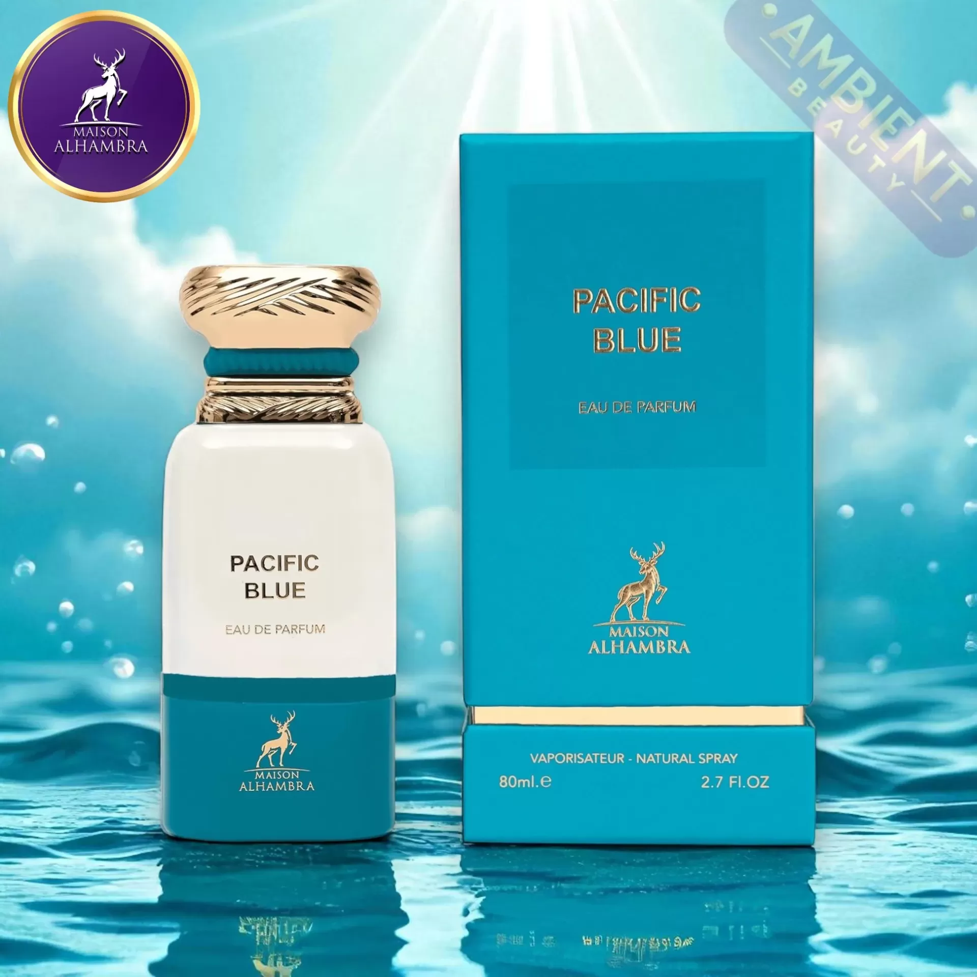 Frasco e caixa de perfume PACIFIC BLUE em azul e dourado com fundo aquático