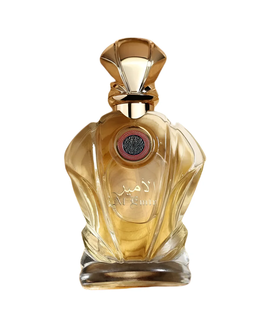 Frasco de perfume dourado com tampa e selo decorativo