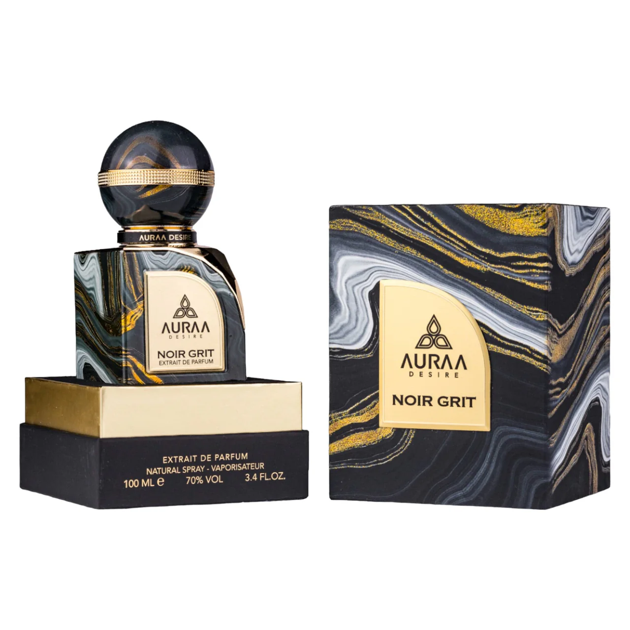 Frasco de perfume AURAA DESIRE NOIR GRIT com embalagem marmorizada preta e dourada