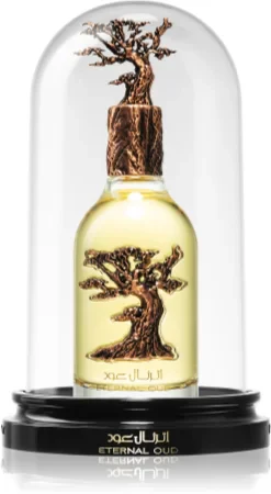 Frasco de perfume Eternal Oud com decoração de árvore dentro de cúpula de vidro