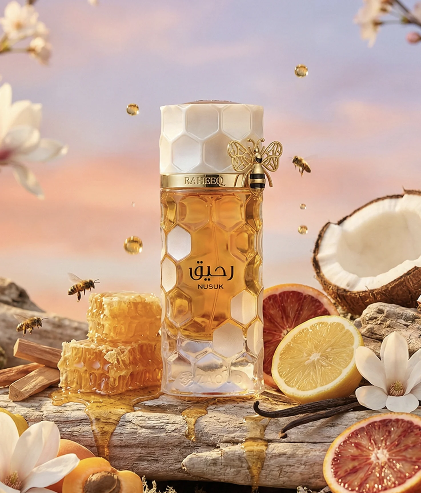 Frasco hexagonal com design inspirado em favo de mel, abelha dourada e frutas ao redor