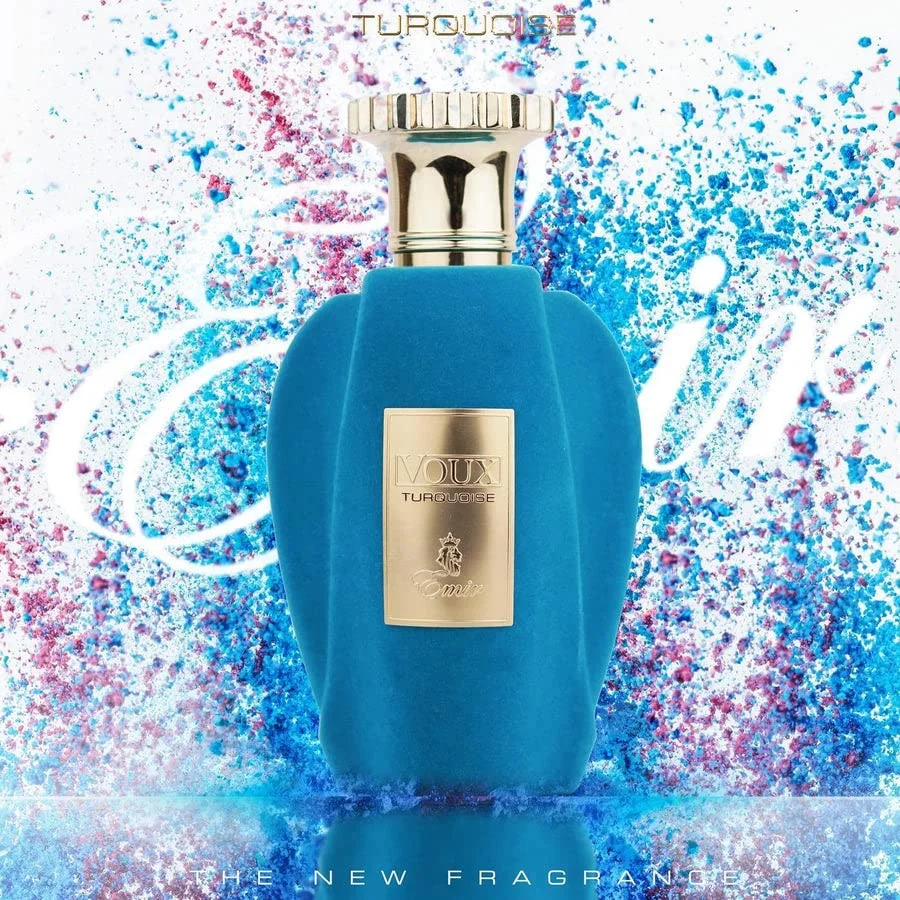 Frasco azul aveludado de perfume VOIX TURQUOISE com tampa dourada