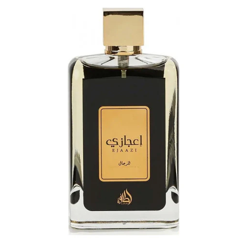 Frasco de perfume EIJAAZI com rótulo preto e dourado