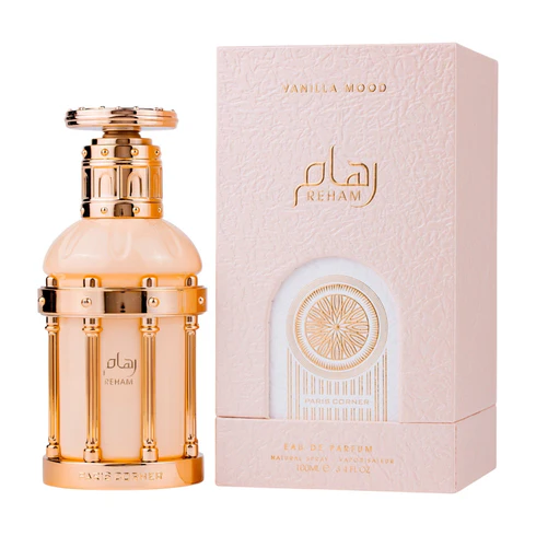 Frasco de perfume Reham Vanilla Mood com caixa cor de rosa clara