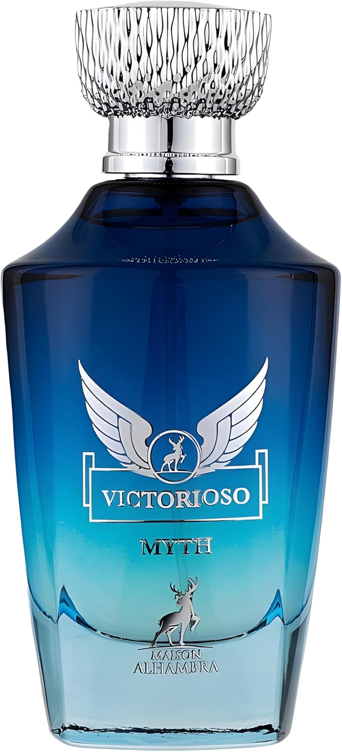 Frasco azul de perfume Victorioso Myth com tampa prateada