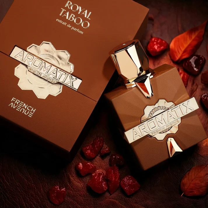 Frasco e embalagem castanha de perfume Royal Taboo Aromatix com detalhes dourados