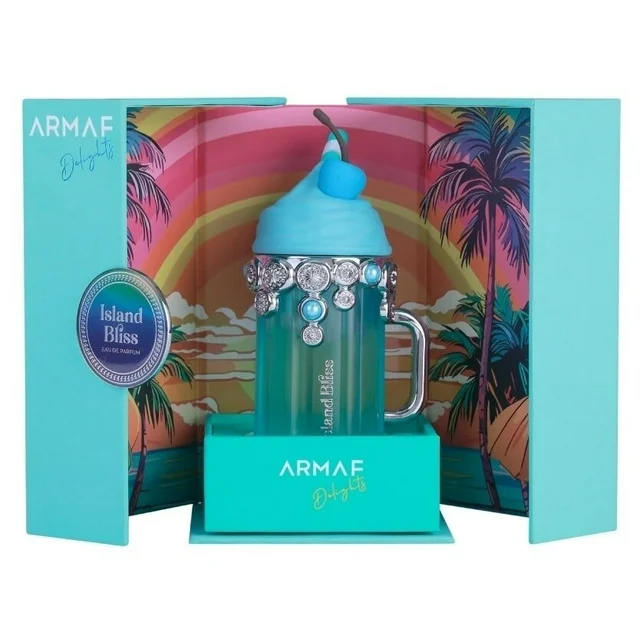Frasco de perfume Armaf Island Bliss verde em embalagem azul com palmeiras