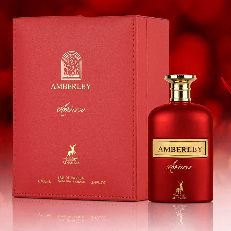 Frasco e caixa vermelhos de perfume Amberley com detalhes dourados e texto em fundo vermelho