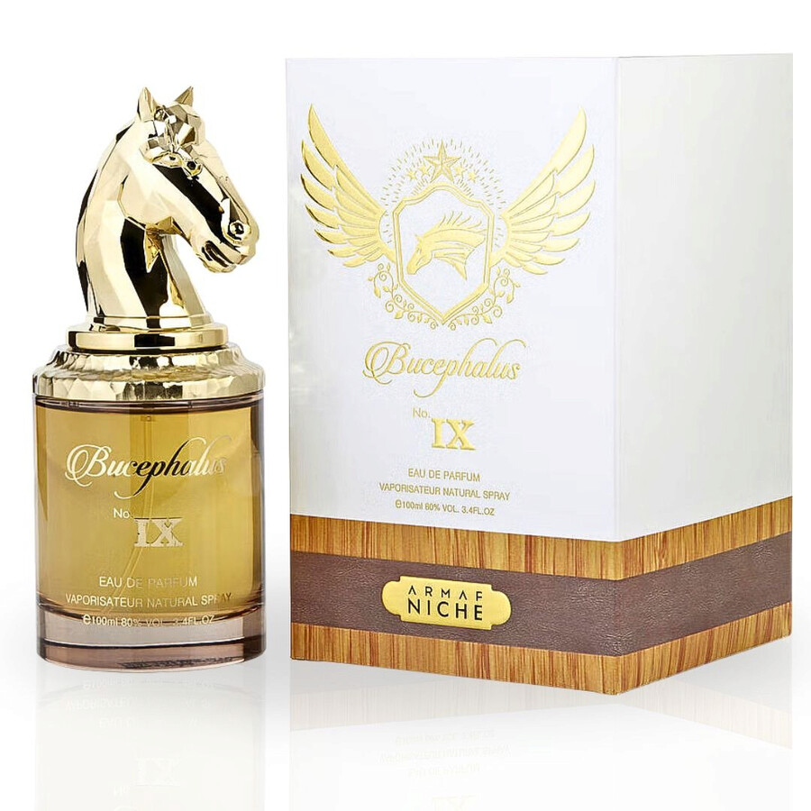 Frasco de perfume Bucephalus No IX com embalagem branca e detalhes em dourado