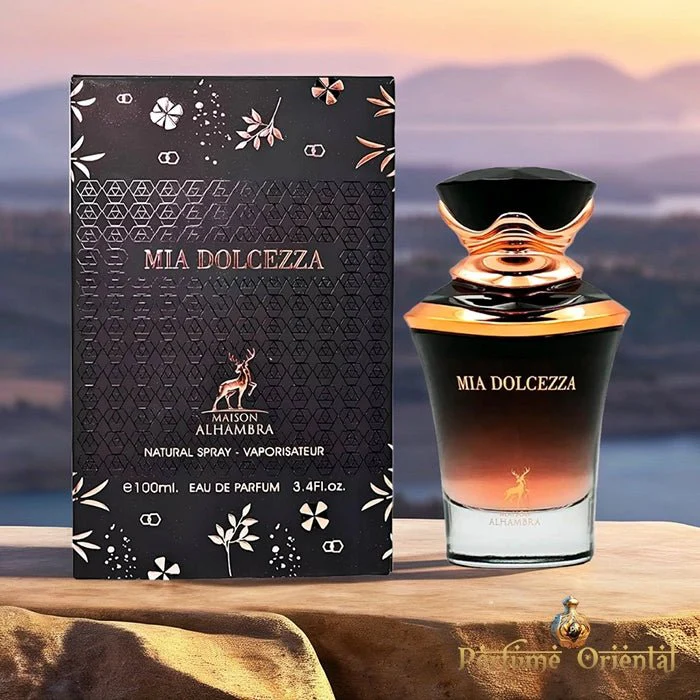 Frasco e caixa do perfume Mia Dolcezza da Maison Alhambra com design preto, dourado e texto visível.