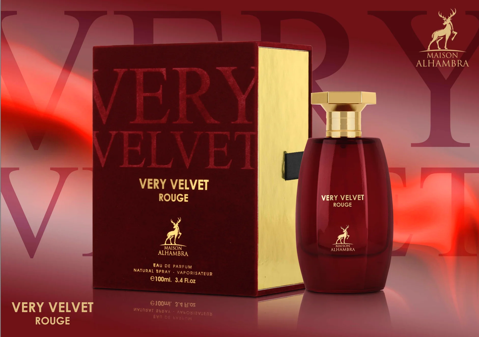 Frasco e caixa de perfume Very Velvet Rouge da Maison Alhambra em vermelho escuro e dourado