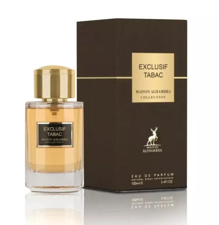 Frasco de perfume âmbar com rótulo preto e caixa castanha com etiqueta dourada