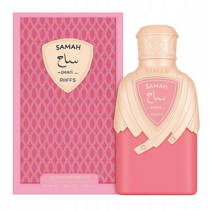 Frasco e embalagem de perfume SAMAH pearl RIIFFS rosa e bege com padrão geométrico