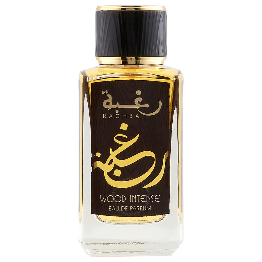 Frasco de perfume RAGHBA WOOD INTENSE EAU DE PARFUM com tampa preta e dourada