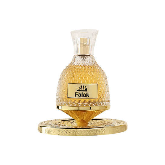 frasco de perfume Falak vidro amarelo dourado com tampa transparente