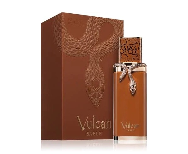 Perfume Vulcan Sable castanho com detalhe de serpente metálica e caixa correspondente